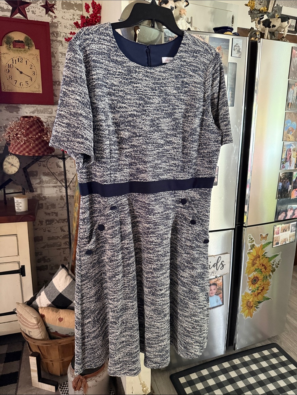 Liz Claiborne Navy and White Textured Short-Sleeve Midi Dress